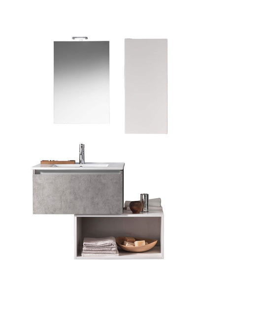 Mobile Bagno 70cm Sospeso Cassetto, Pensile, Vano a Giorno, Specchio E Lampada - Cemento