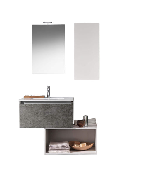 Mobile Bagno 70cm Sospeso Cassetto, Pensile, Vano a Giorno, Specchio E Lampada - Ossido