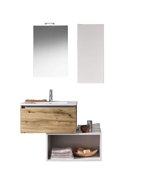 Mobile Bagno 70cm Sospeso Cassetto, Pensile, Vano a Giorno, Specchio E Lampada - Rovere Miele