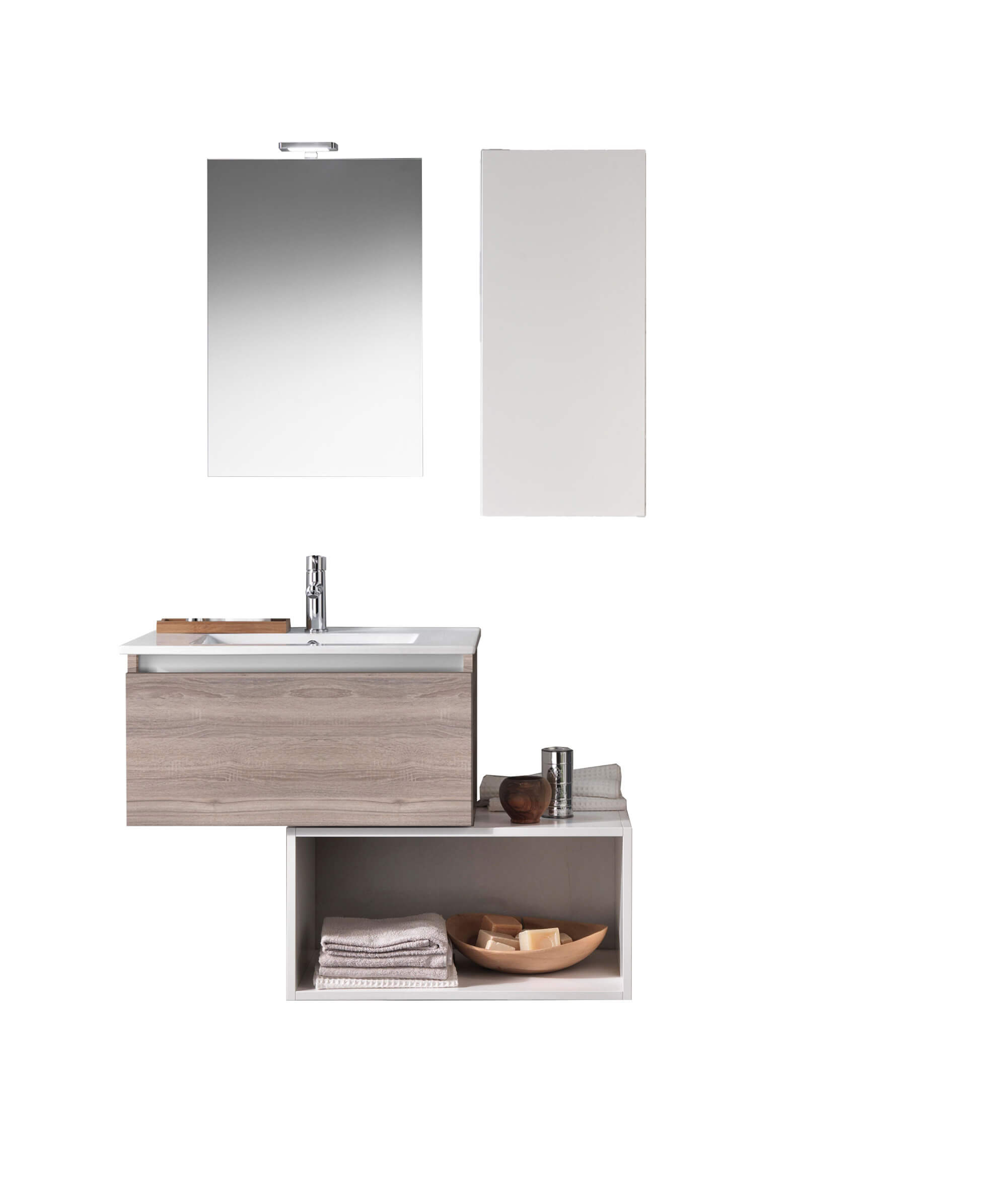 Mobile Bagno 70cm Sospeso Cassetto, Pensile, Vano a Giorno, Specchio E Lampada - Tabacco Chiaro