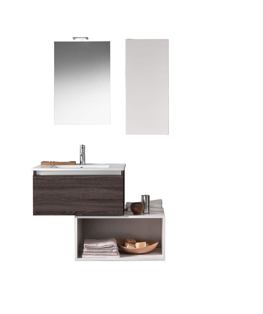 Mobile Bagno 70cm Sospeso Cassetto, Pensile, Vano a Giorno, Specchio E Lampada - Tabacco Scuro