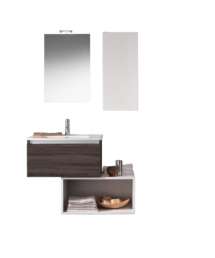 Mobile Bagno 70cm Sospeso Cassetto, Pensile, Vano a Giorno, Specchio E Lampada - Tabacco Scuro
