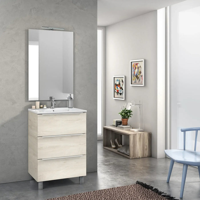 Mobile Bagno 60cm a Terra Con Tre Cassetti e Specchio - Rovere Alaska