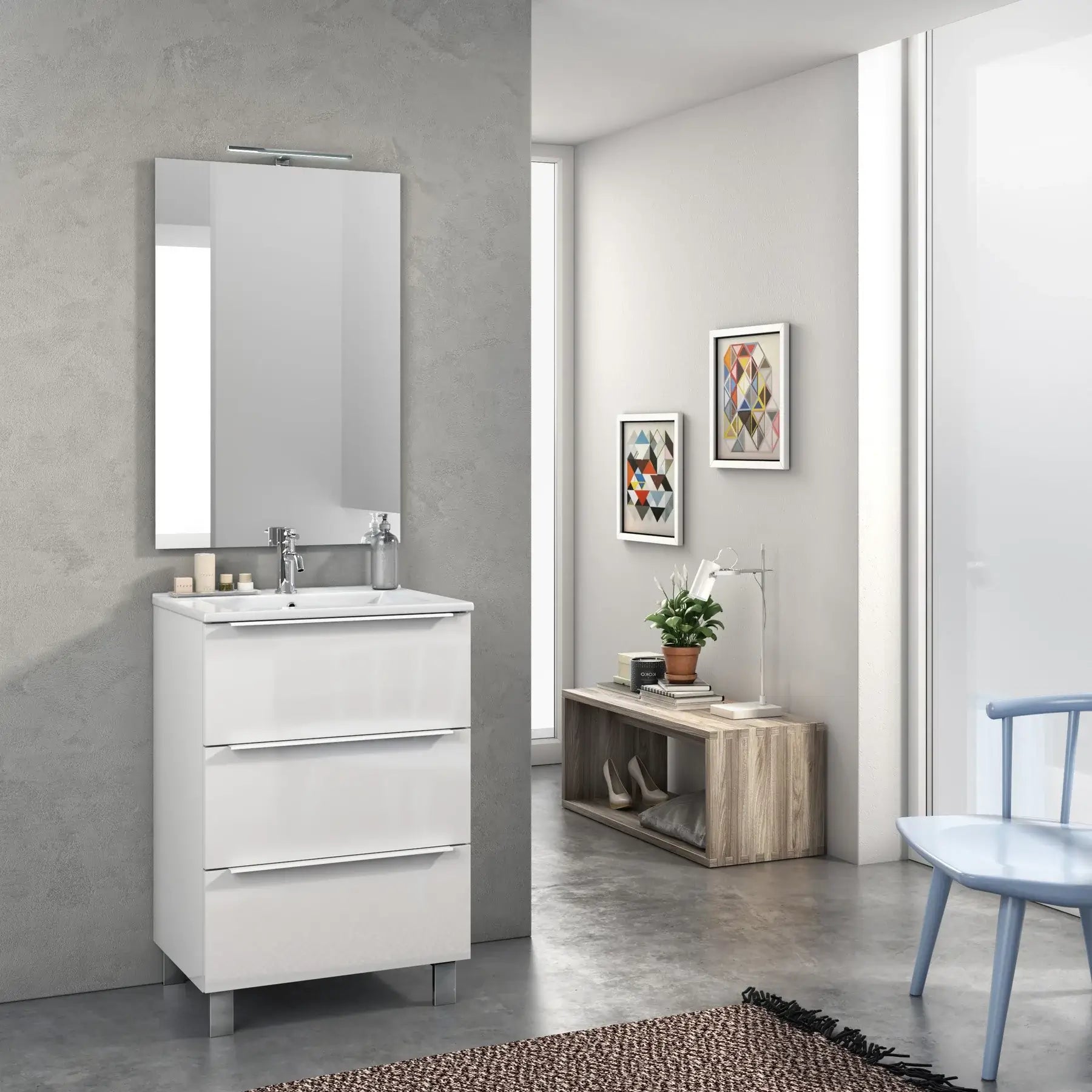 Mobile Bagno 60cm a Terra Con Tre Cassetti e Specchio - Bianco Laccato Lucido