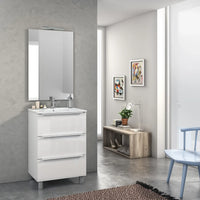 Mobile Bagno 60cm a Terra Con Tre Cassetti e Specchio - Bianco Laccato Lucido