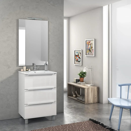 Mobile Bagno 60cm a Terra Con Tre Cassetti e Specchio - Bianco Laccato Lucido