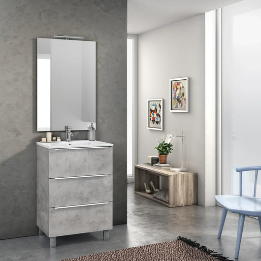 Mobile Bagno 60cm a Terra Con Tre Cassetti e Specchio - Cemento