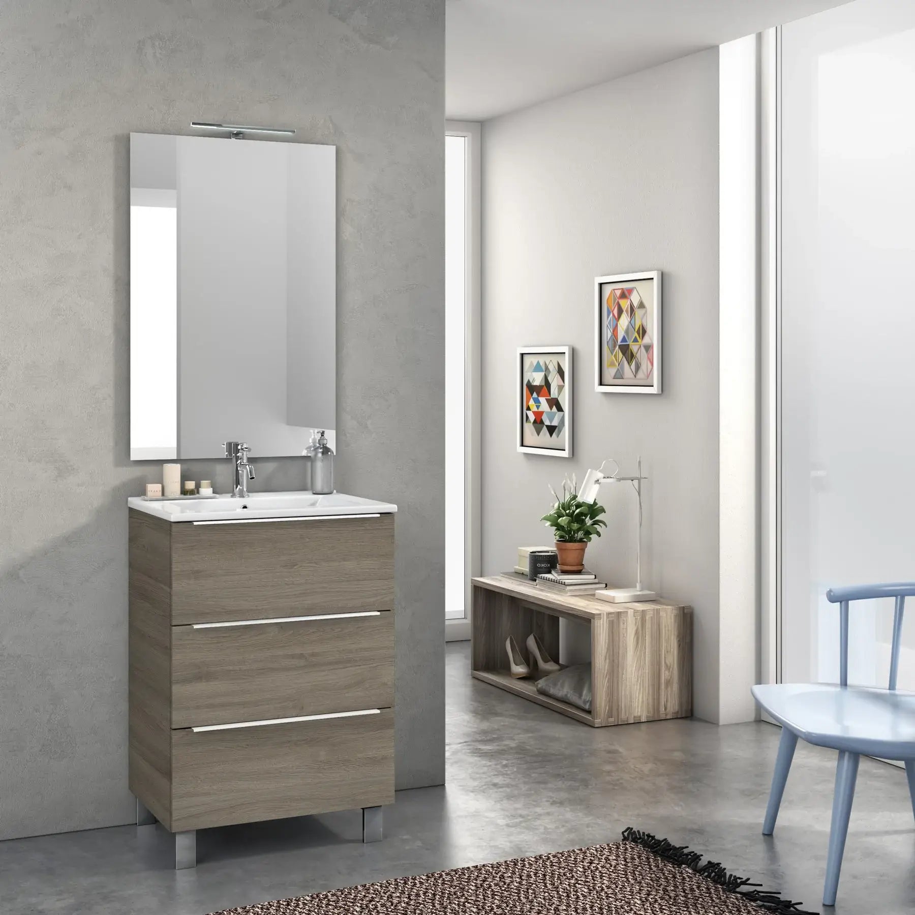 Mobile Bagno 60cm a Terra Con Tre Cassetti e Specchio - Rovere Cenere