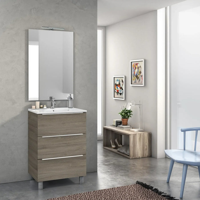Mobile Bagno 60cm a Terra Con Tre Cassetti e Specchio - Rovere Cenere