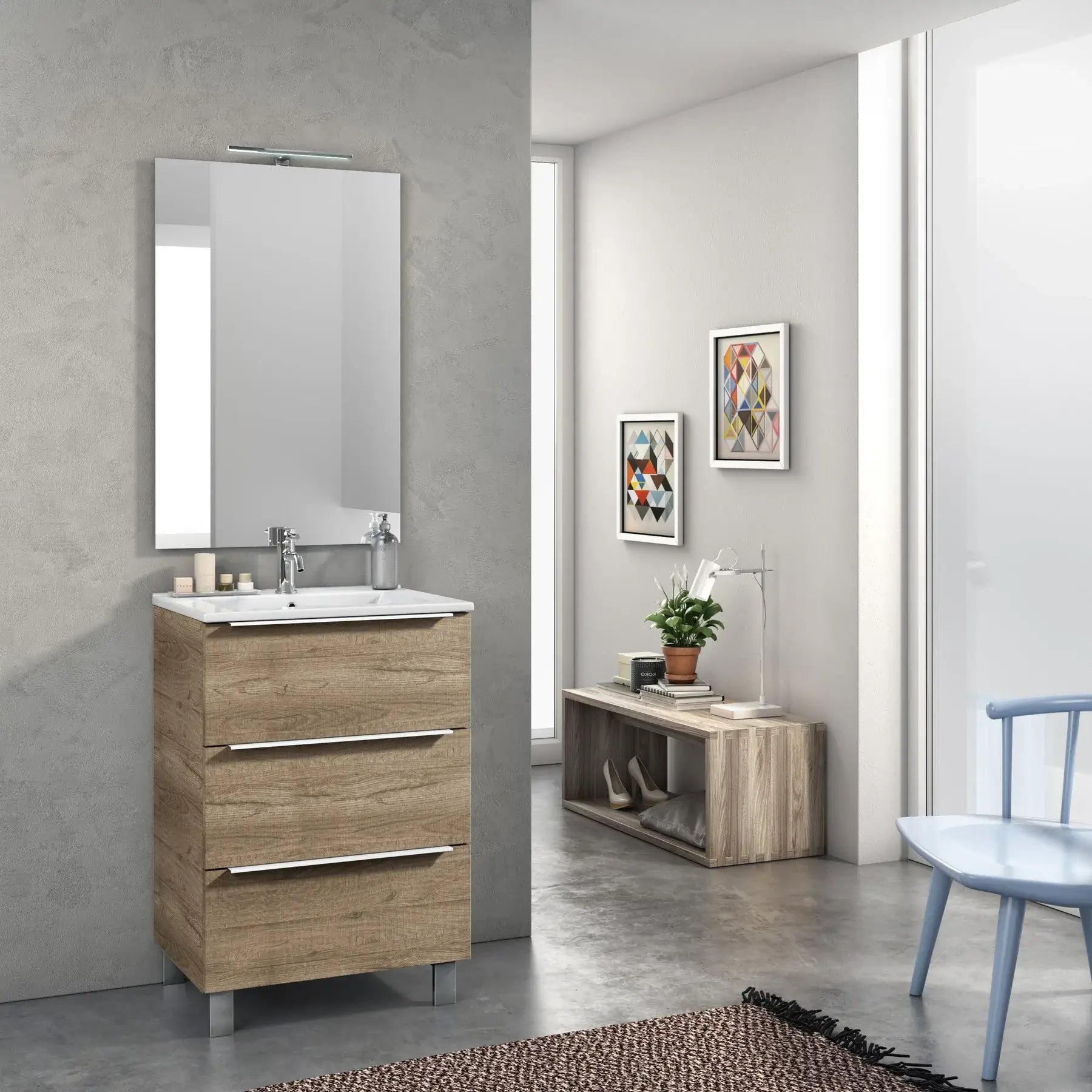 Mobile Bagno 60cm a Terra Con Tre Cassetti e Specchio - Rovere Miele