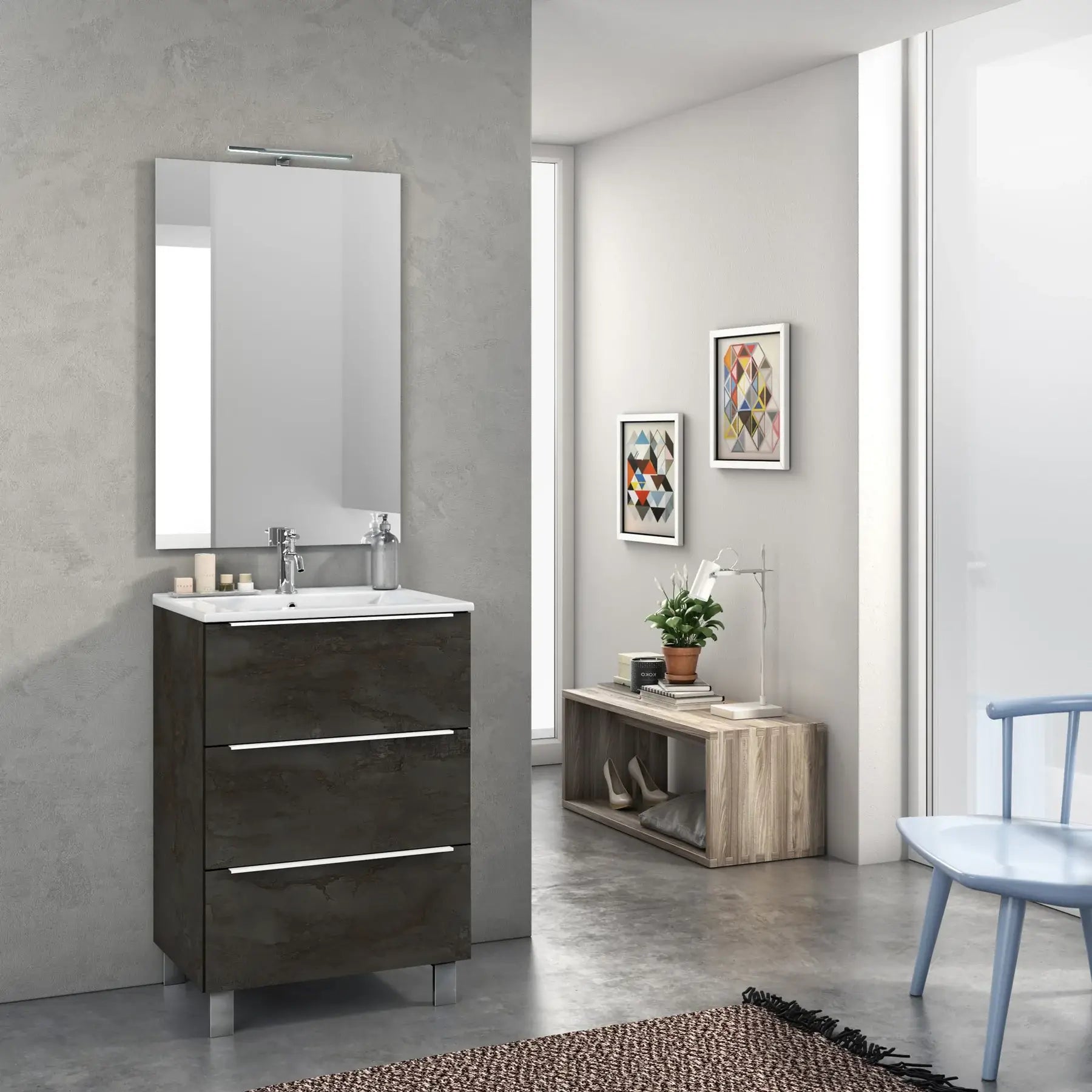 Mobile Bagno 60cm a Terra Con Tre Cassetti e Specchio - Ossido
