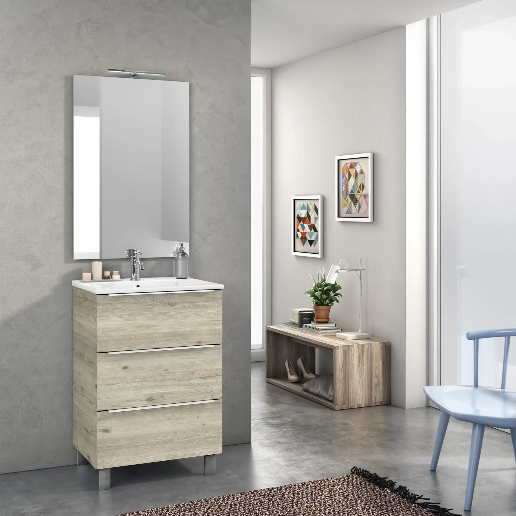 Mobile Bagno 60cm a Terra Con Tre Cassetti e Specchio - Pino Artico