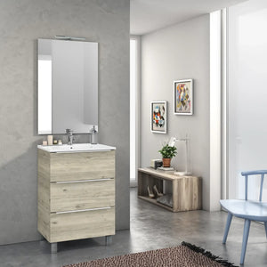 Mobile Bagno 60cm a Terra Con Tre Cassetti e Specchio - Pino Artico