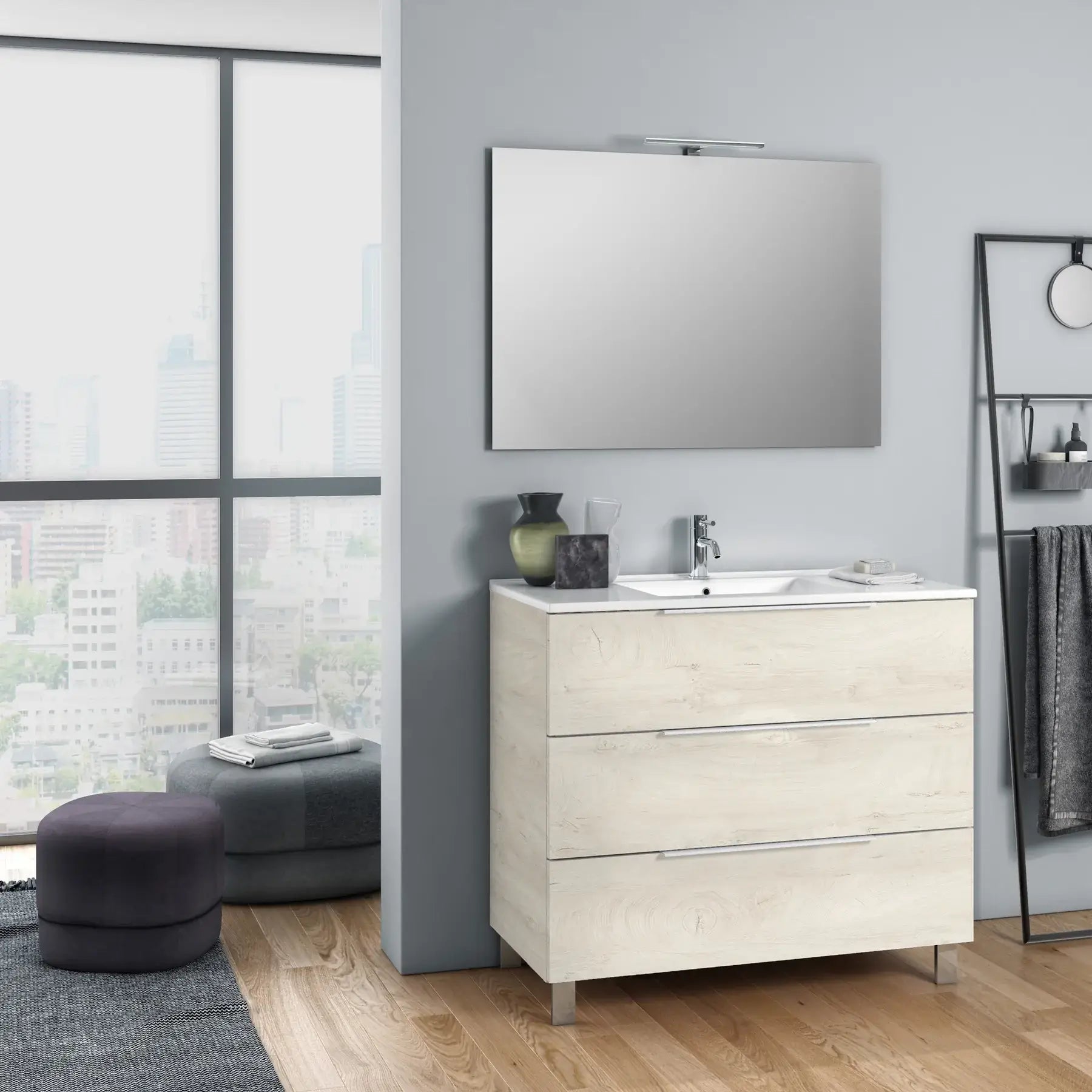 Composizione Mobile Bagno 80cm a Terra Con Tre Cassetti e Specchio - Rovere Alaska