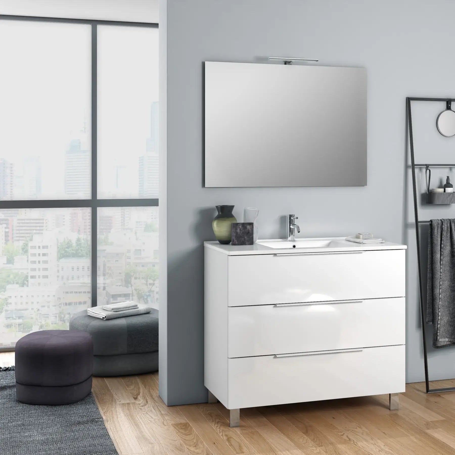 Composizione Mobile Bagno 100cm a Terra Con Tre Cassetti e Specchio - Bianco Laccato Lucido