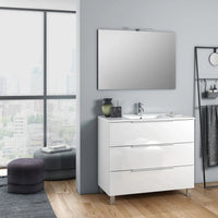 Composizione Mobile Bagno 100cm a Terra Con Tre Cassetti e Specchio - Bianco Laccato Lucido