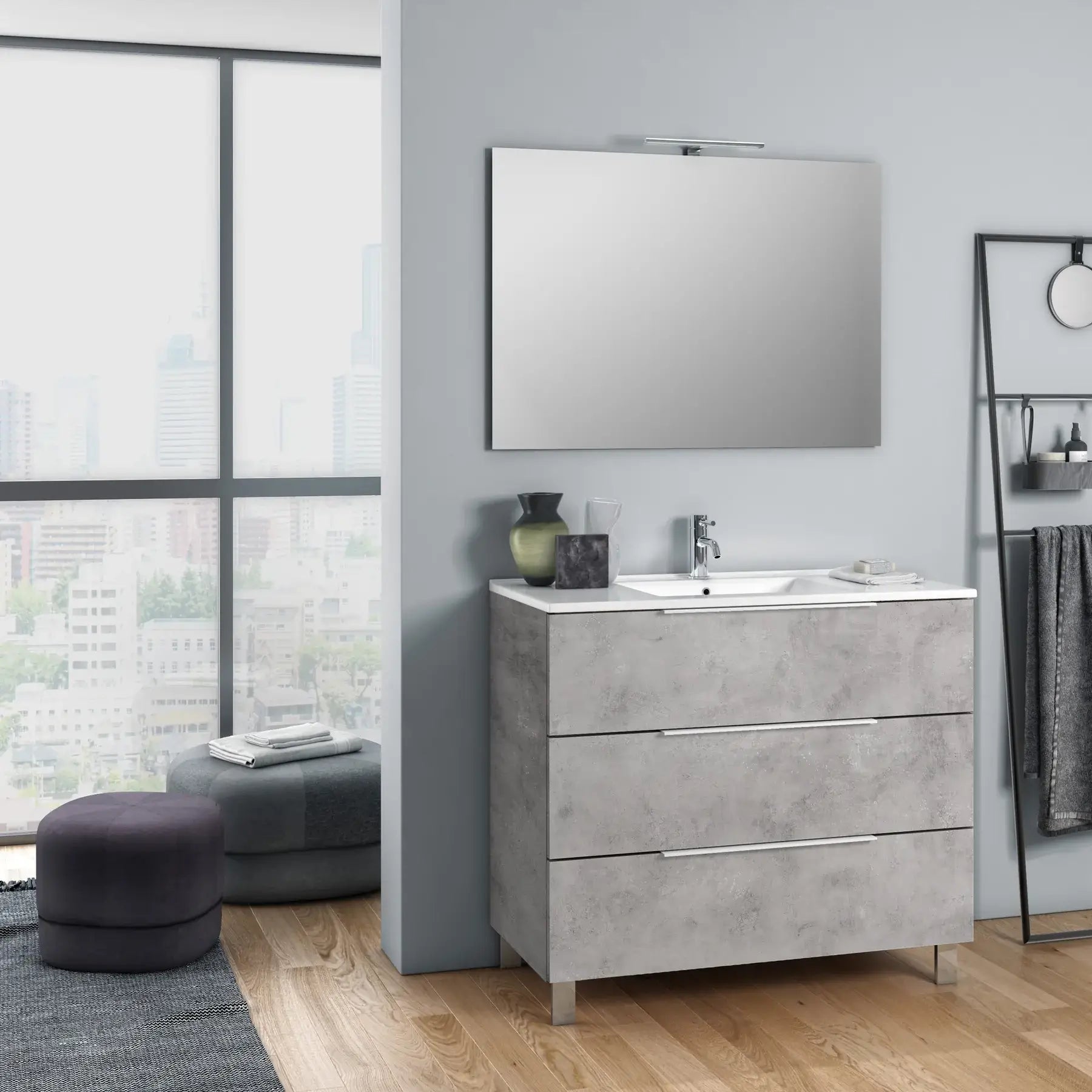 Composizione Mobile Bagno 100cm a Terra Con Tre Cassetti e Specchio - Cemento