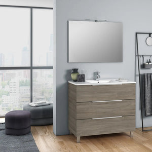 Composizione Mobile Bagno 100cm a Terra Con Tre Cassetti e Specchio - Rovere Cenere