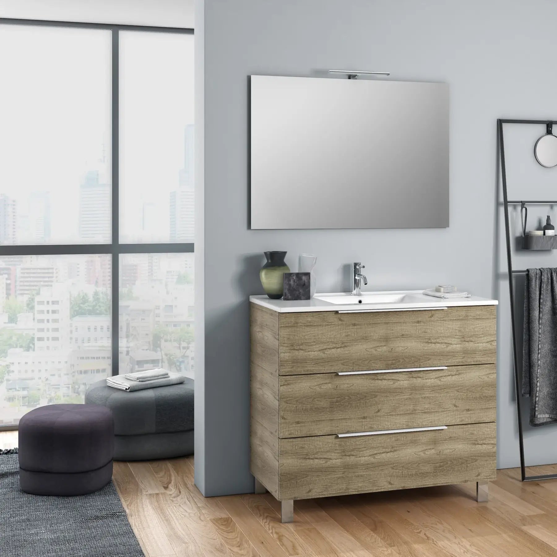 Composizione Mobile Bagno 100cm a Terra Con Tre Cassetti e Specchio - Rovere Miele