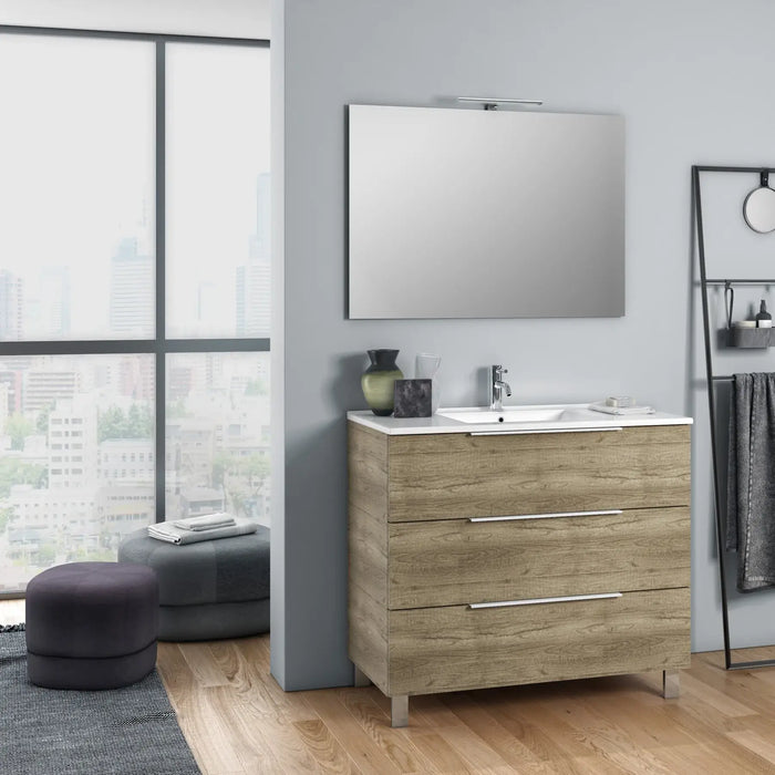 Composizione Mobile Bagno 80cm a Terra Con Tre Cassetti e Specchio - Rovere Miele