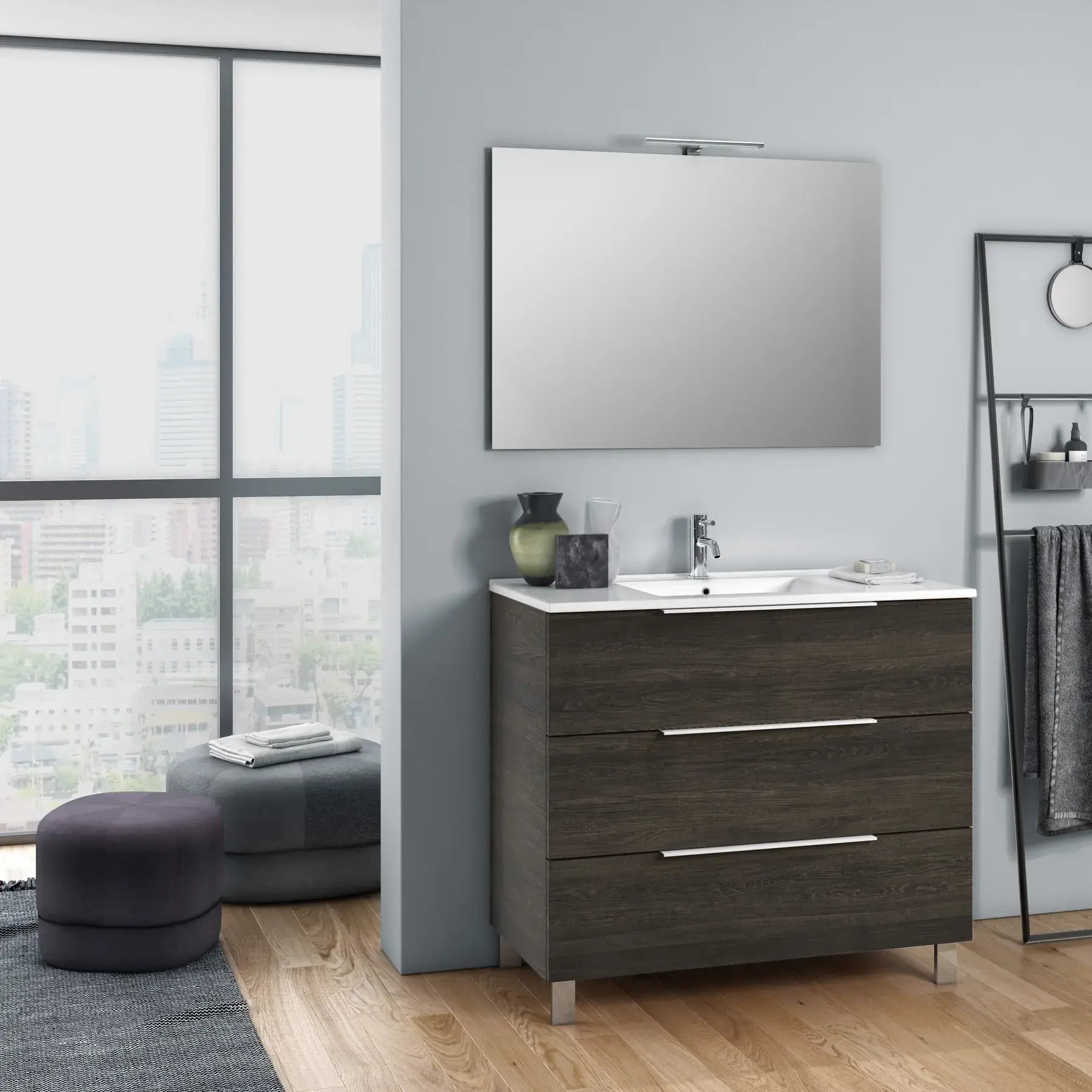 Composizione Mobile Bagno 100cm a Terra Con Tre Cassetti e Specchio - Testa di Moro