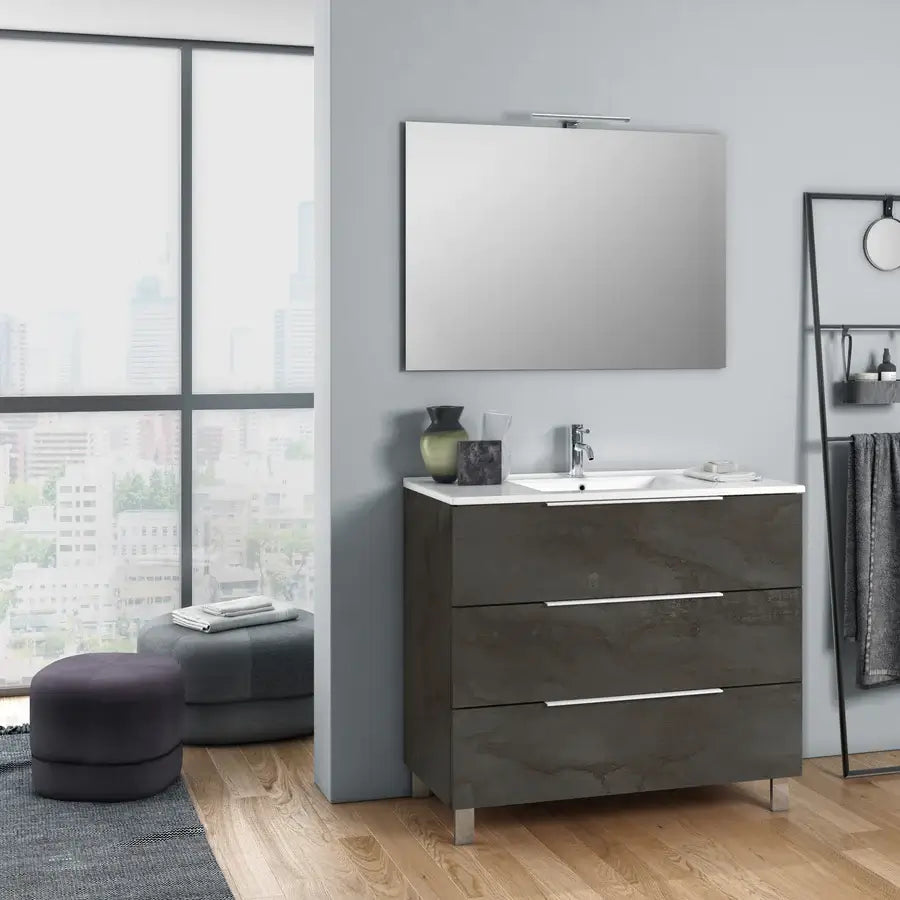 Composizione Mobile Bagno 100cm a Terra Con Tre Cassetti e Specchio - Ossido
