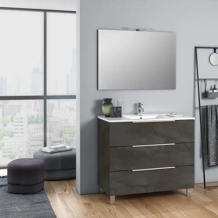 Composizione Mobile Bagno 80cm a Terra Con Tre Cassetti e Specchio - Ossido