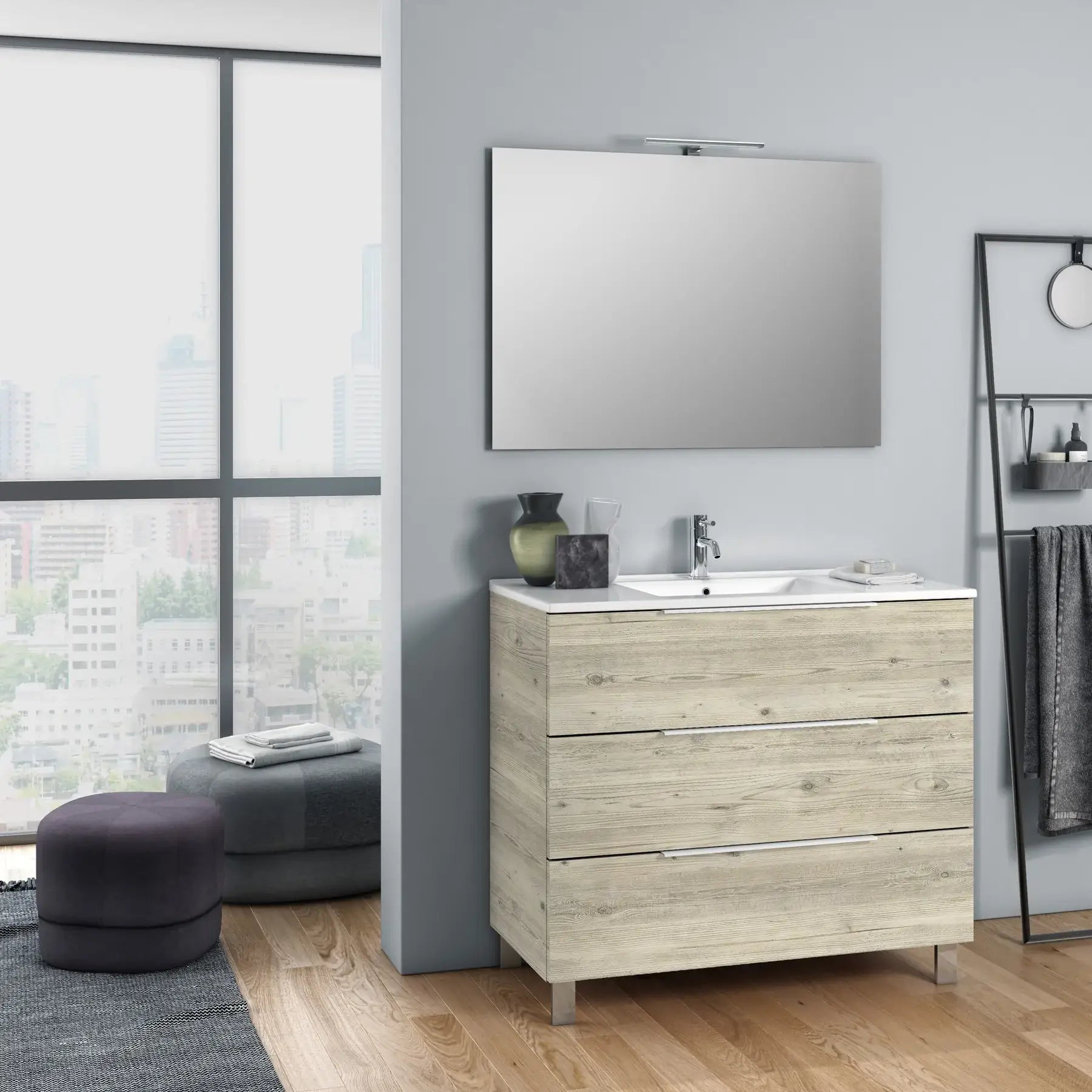 Composizione Mobile Bagno 100cm a Terra Con Tre Cassetti e Specchio - Pino Artico