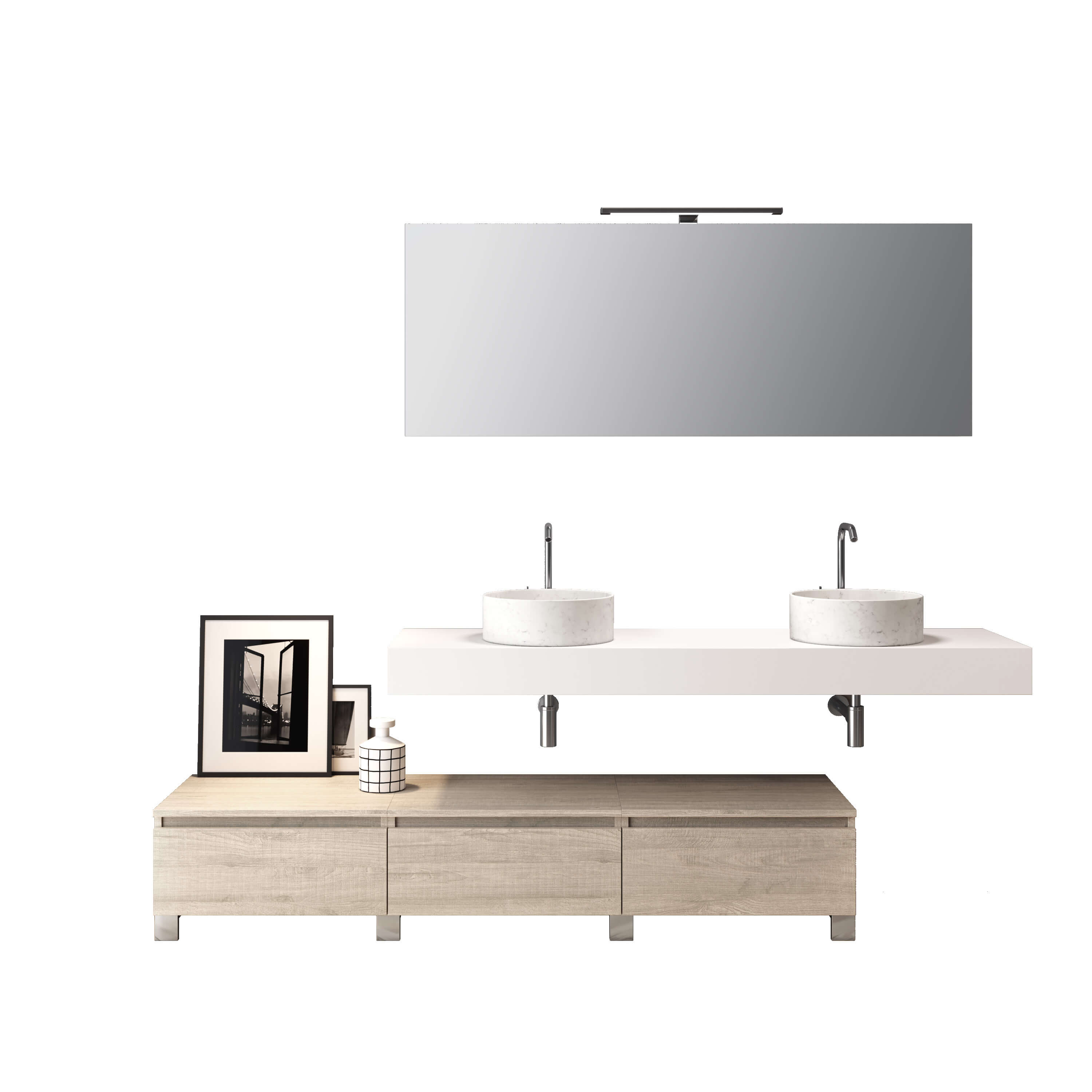 Composizione Bagno 180cm Con Doppio Lavabo, Cassetti E Specchio - Top bianco + base rovere naturale