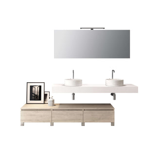 Composizione Bagno 180cm Con Doppio Lavabo, Cassetti E Specchio - Top bianco + base rovere naturale