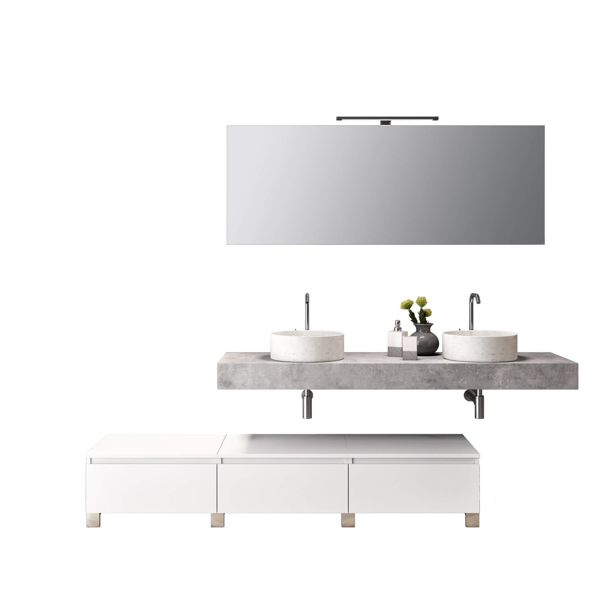 Composizione Bagno 180cm Con Doppio Lavabo, Cassetti E Specchio - Top cemento + base bianco opaco