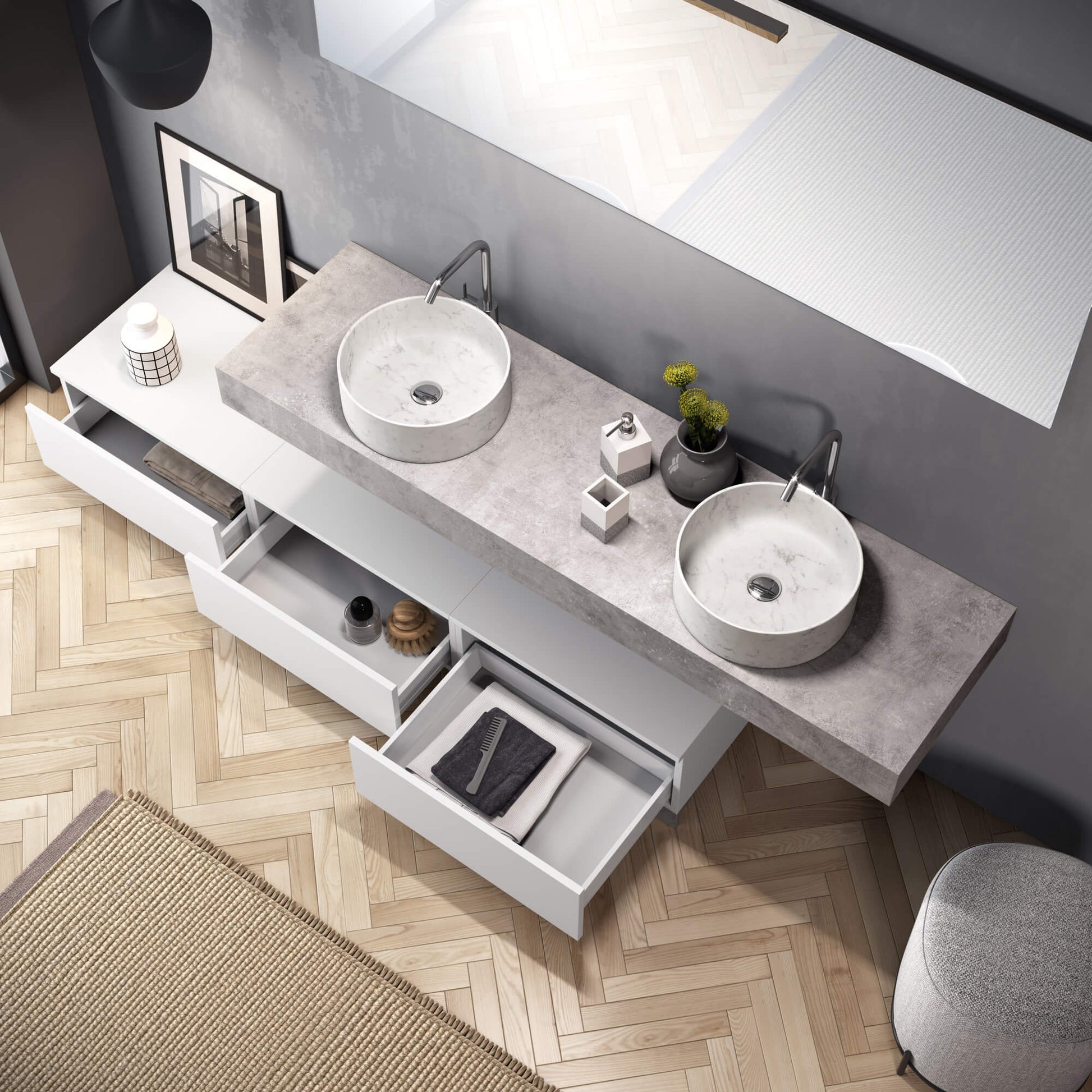 Composizione Bagno 180cm Con Doppio Lavabo, Cassetti E Specchio - Top bianco + base rovere naturale