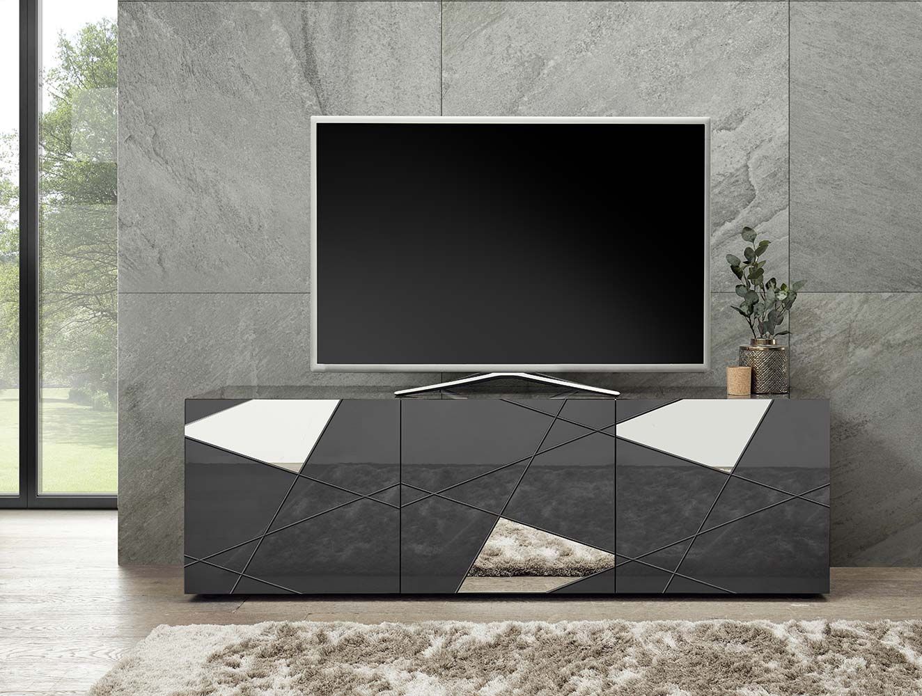 Mobile porta Tv con 3 ante e specchi Grigio lucido, ZLCMADPT-G