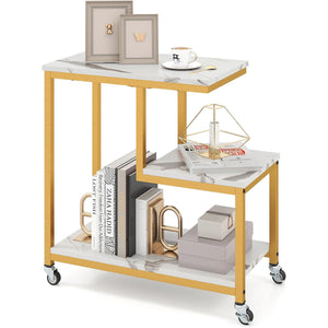 Tavolino laterale a forma di g con 3 livelli e mensole aperte-Piccolo tavolo da divano con ruote bloccabili per soggiorno e altri spazi