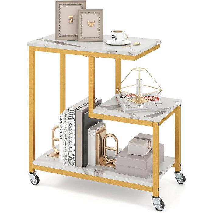 Tavolino laterale a forma di g con 3 livelli e mensole aperte-Piccolo tavolo da divano con ruote bloccabili per soggiorno e altri spazi
