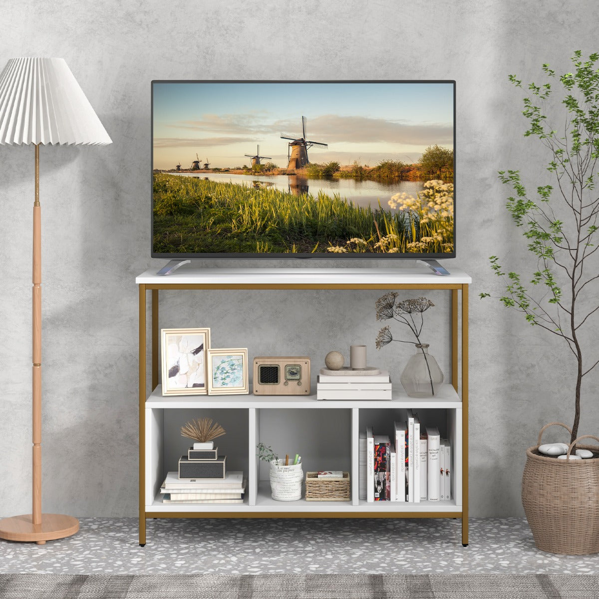 Mobile a 3 livelli in legno con mensola aperta telaio in acciaio 3 scomparti-Credenza multiuso da cucina Bianco