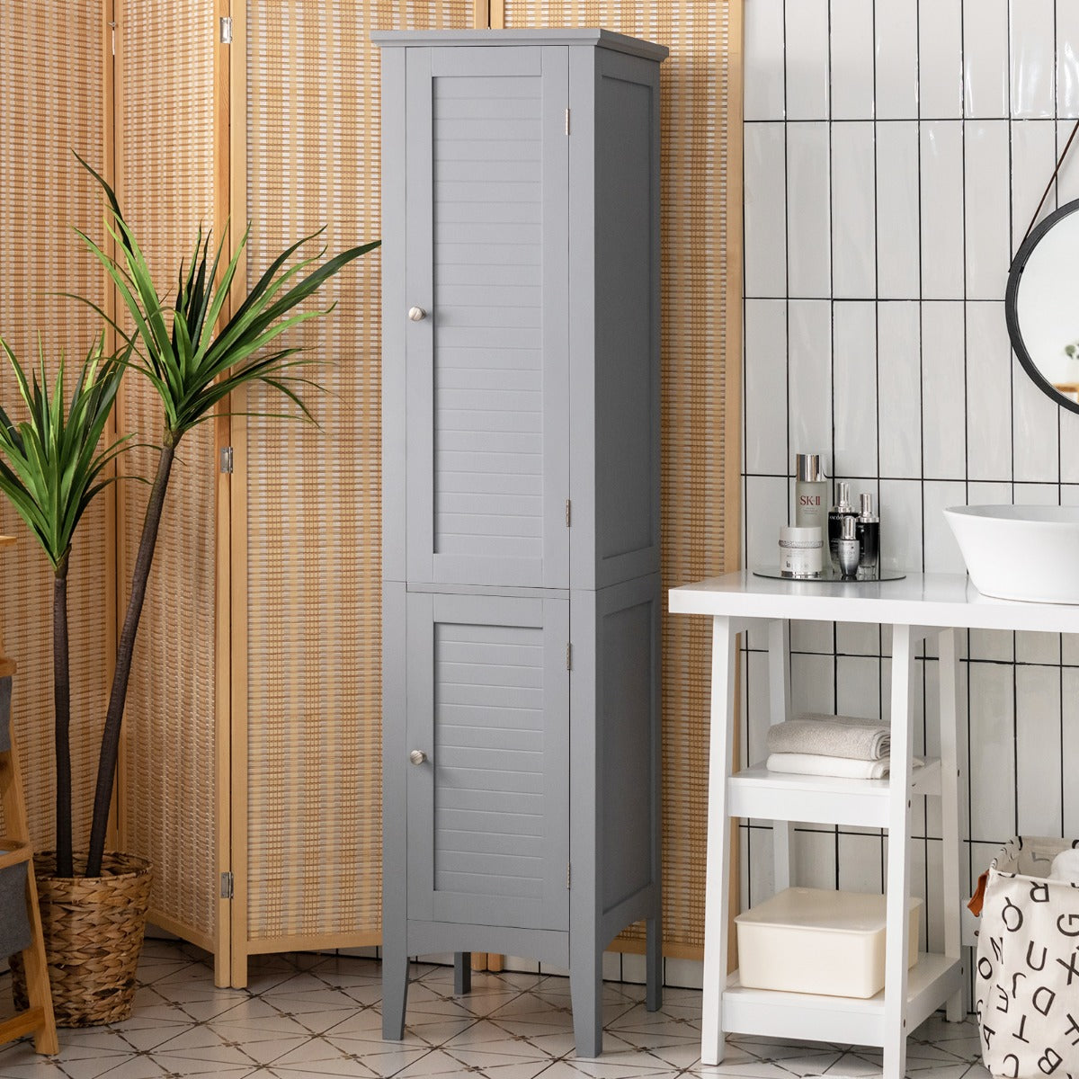 Mobile bagno alto con 2 ante 5 vani, Colonna bagno da terra salvaspazio 37x37x160cm Grigio-Armadietti da bagno