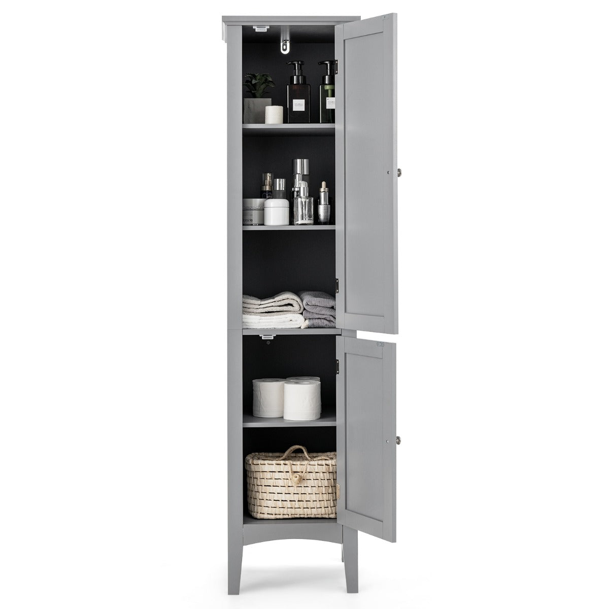Mobile bagno alto con 2 ante 5 vani, Colonna bagno da terra salvaspazio 37x37x160cm Grigio-Armadietti da bagno
