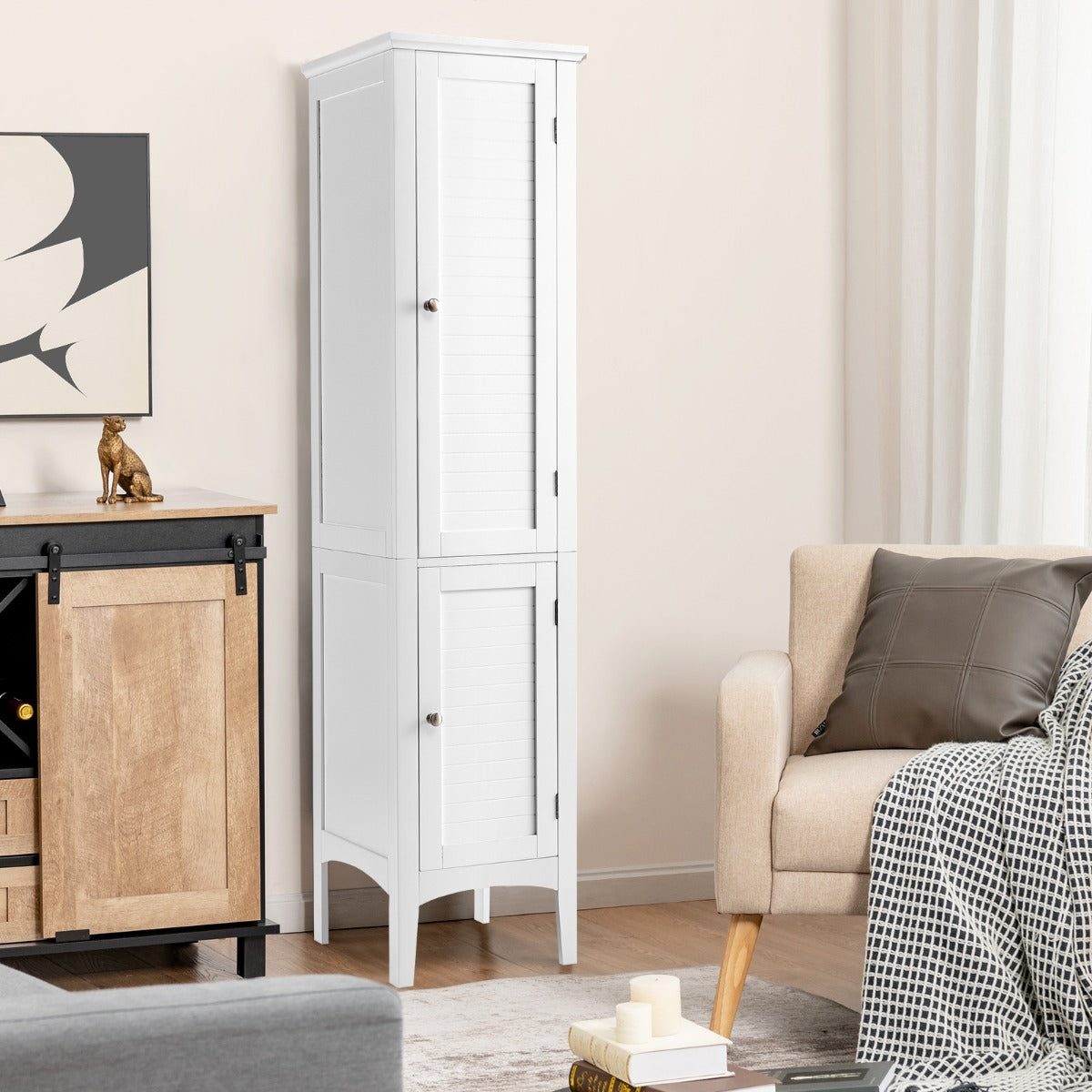 Mobile bagno alto con 2 ante 5 vani, Colonna bagno da terra salvaspazio 37x37x160cm Bianco-Armadietti da bagno