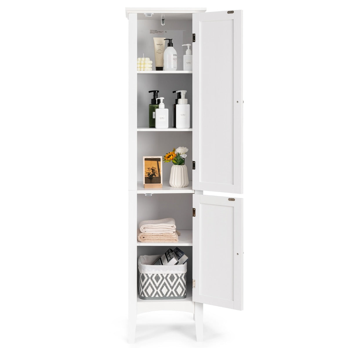 Mobile bagno alto con 2 ante 5 vani, Colonna bagno da terra salvaspazio 37x37x160cm Bianco-Armadietti da bagno