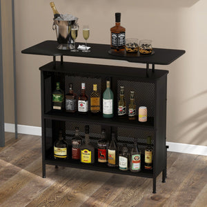 Mobile bar a 4 livelli con 2 ripiani per vino e porta calici poggiapiedi in metallo-Tavolo da bar industriale Nero