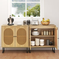 Credenza buffet-Armadio da cucina in rattan con 2 ante e ripiano regolabile-Buffet Madia boho per cucina e sala da pranzo e soggiorno Naturale