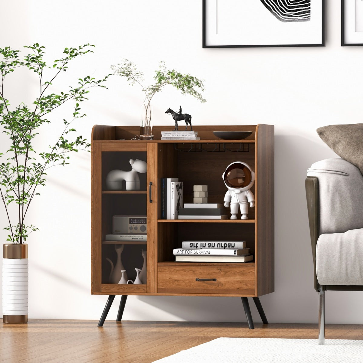 Mobile buffet in legno con anta e cassetto portaoggetti-Credenza contenitore per cucina sala da pranzo Marrone