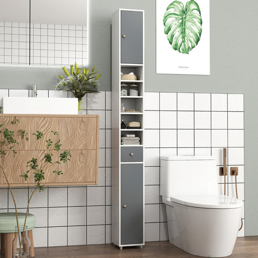 Mobile colonna da bagno con 2 ante 1 cassetto e 5 ripiani regolabili-Colonna bagno da terra salvaspazio Grigio e Bianco