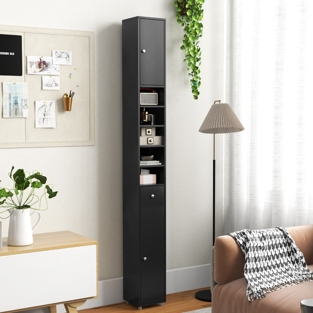 Mobile colonna da bagno con 2 ante 1 cassetto e 5 ripiani regolabili-Colonna bagno da terra salvaspazio Nero