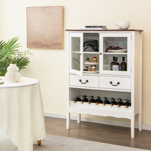 Mobile contenitore indipendente con 2 porte in vetro 2 cassetti, Stazione bar ad angolo per sala da pranzo Bianco-Credenze buffet