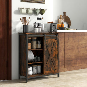 Mobile contenitore in stile rustico con anta scorrevole e ripiani regolabili-Credenza multiuso per cucina Marrone