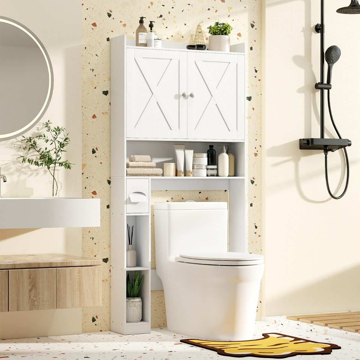 Scaffale organizzatore con doppie ante e ripiano regolabile, Mobile contenitore sopra il WC per bagno e lavanderia Bianco-Armadietti da bagno