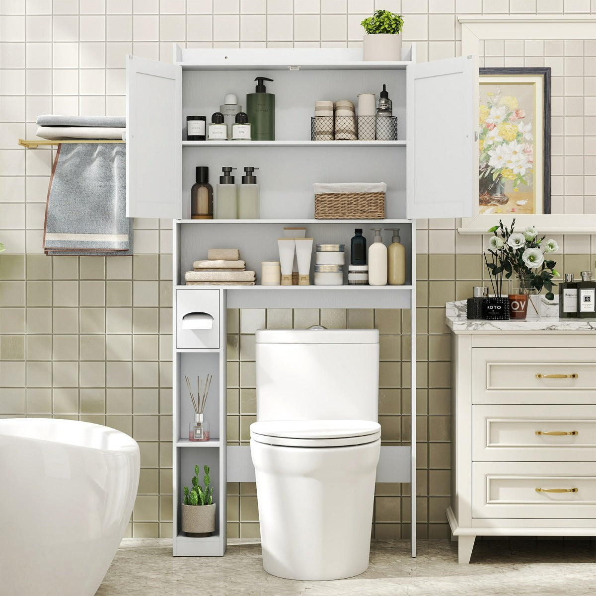 Scaffale organizzatore con doppie ante e ripiano regolabile, Mobile contenitore sopra il WC per bagno e lavanderia Bianco-Armadietti da bagno