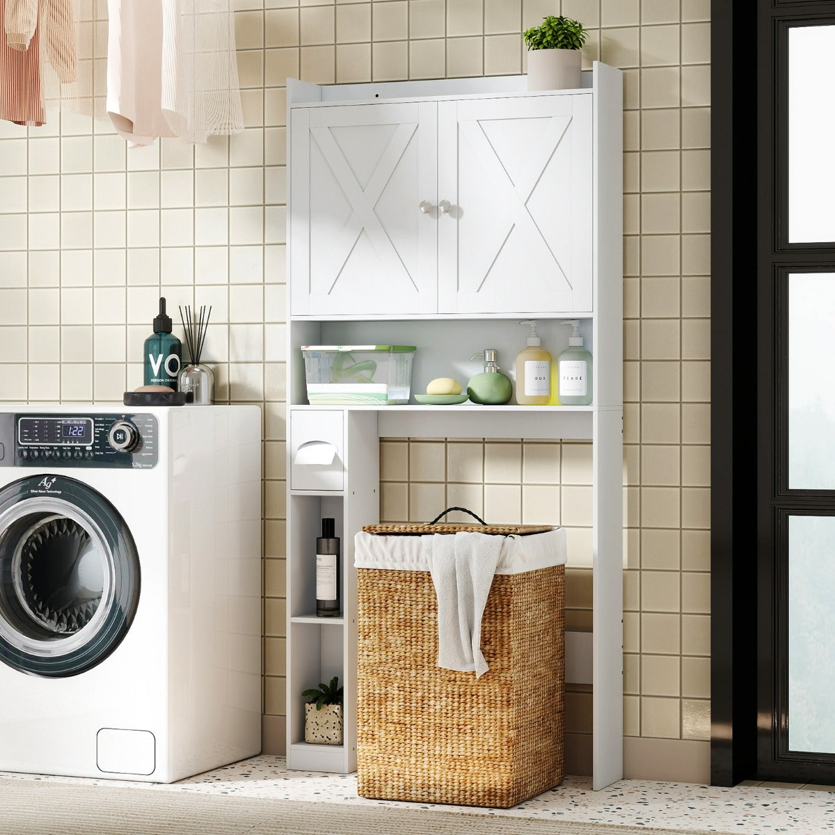 Scaffale organizzatore con doppie ante e ripiano regolabile, Mobile contenitore sopra il WC per bagno e lavanderia Bianco-Armadietti da bagno